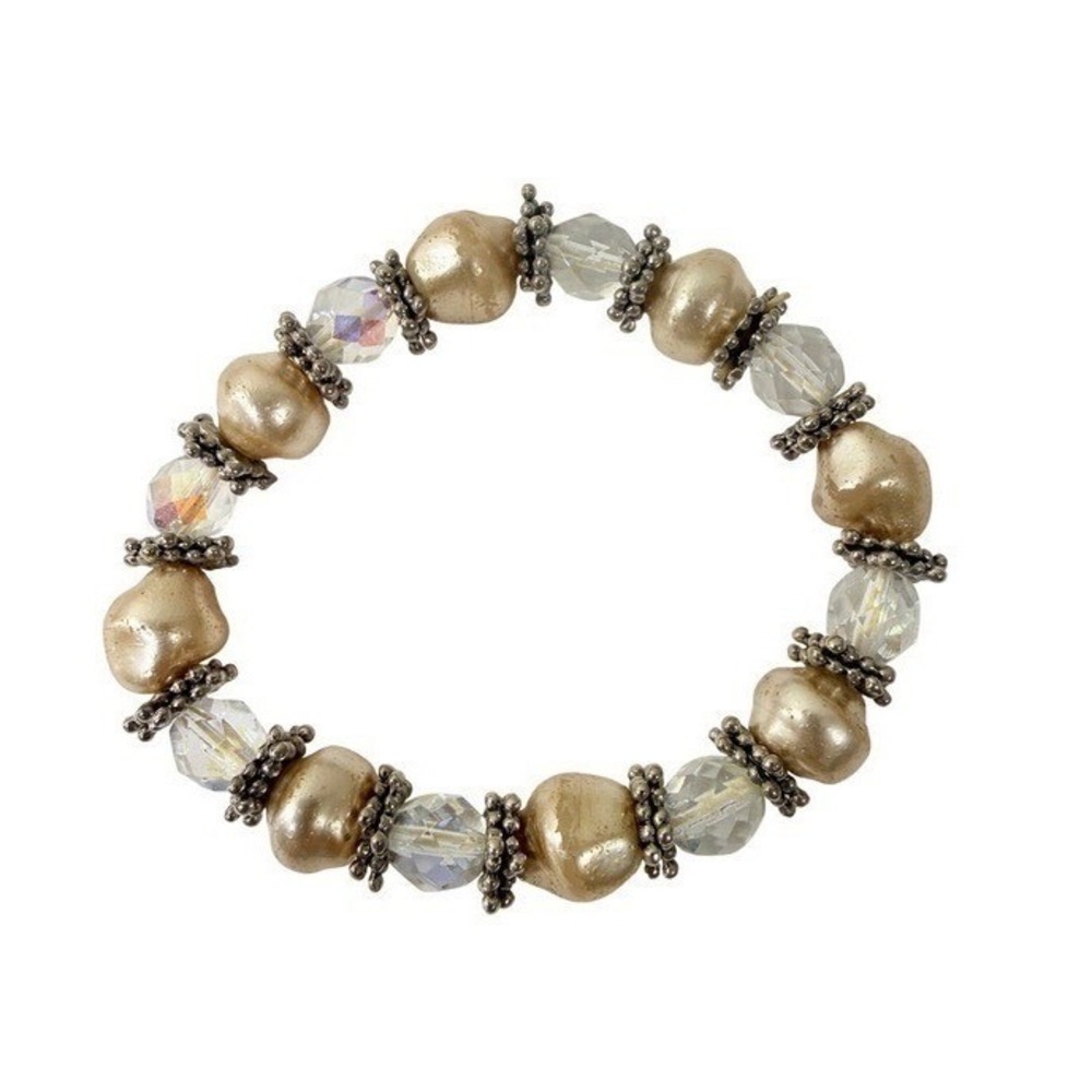 Beaded Stretch Bracelet Gold Faux Pearl Iridescent Crystal Silver Boho